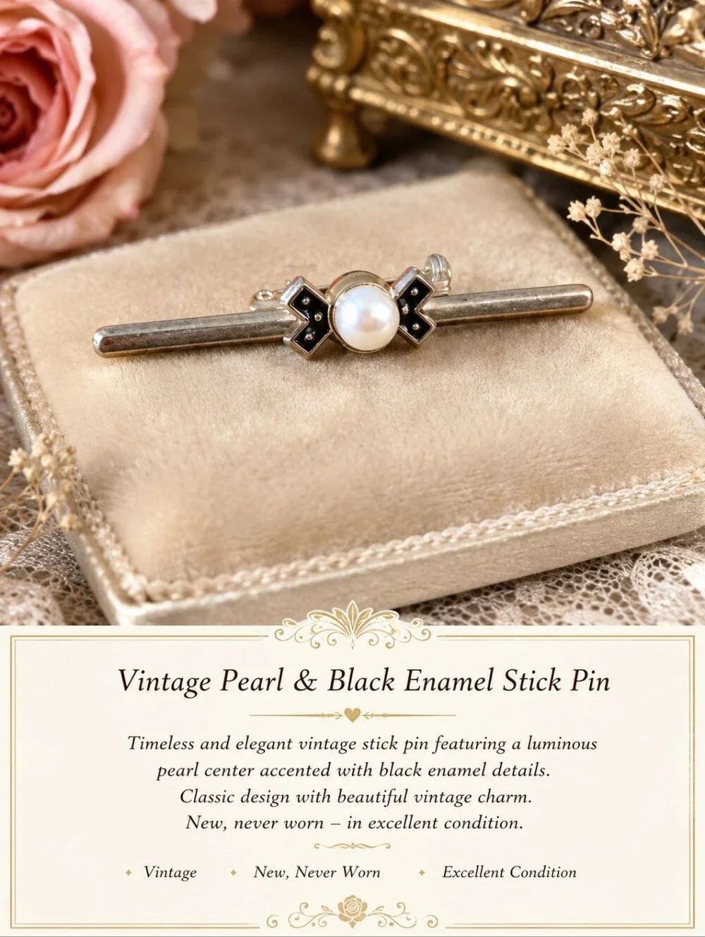 Pearl and Black Enamel Stick Pin - Classic Women's Jewelry Vintage